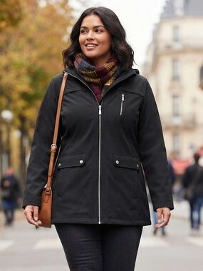 DKNY Black Hooded Softshell Jacket Coat Classic Timeless Capsule Raincoat 2XL
